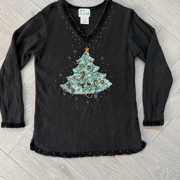 VTG Women's Quacker Factory Sequin Christmas Tree V-Neck Sweater Size Medium - Picture 1 of 8